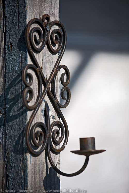 Candle holder, porch, Volk's General Store, Loverna SK