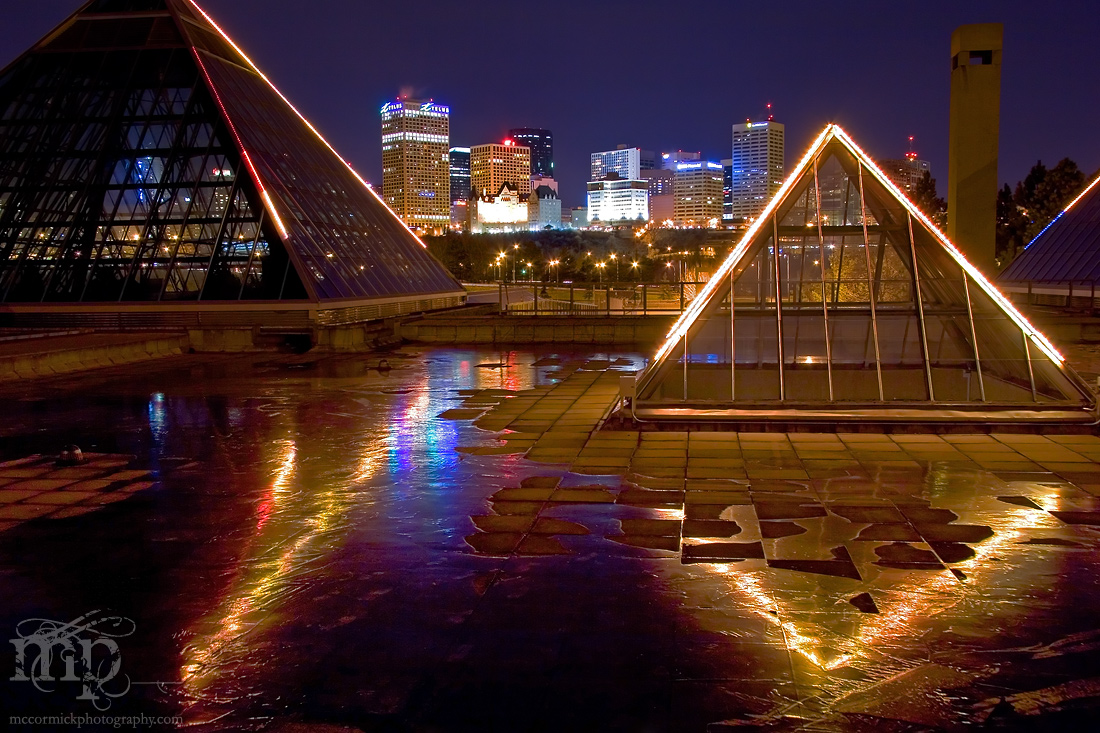 Muttart Conservatory with Reflections in Ice on Roof