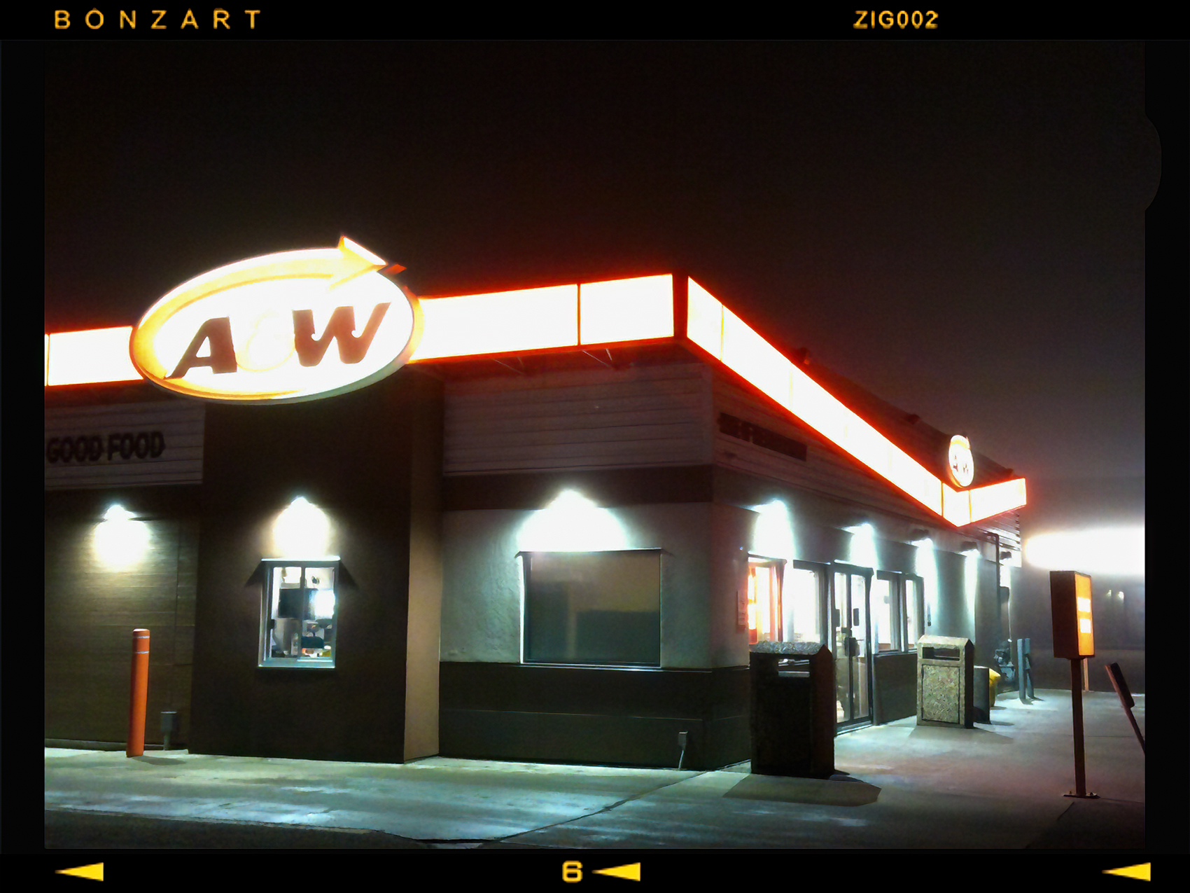 A&W in the fog, Strathmore, Alberta, 2024-02-25