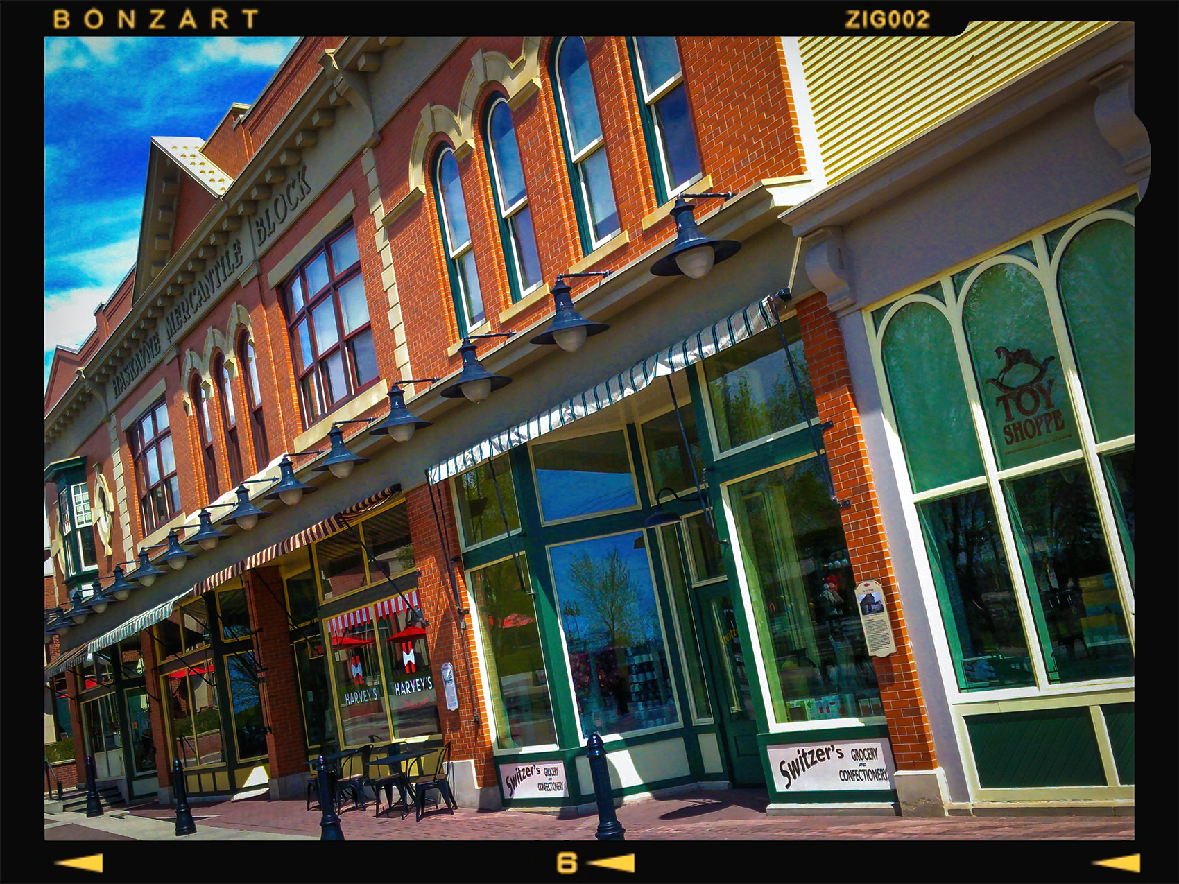 Colours at Gasoline Alley shops, Heritage Park, Calgary, AB, 2024-05-25