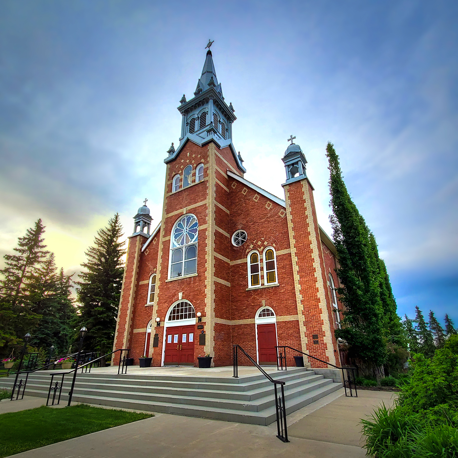 St. Jean Baptiste Church, Square Composition, Corner View, Morrinville, Alberta, June 12, 2020