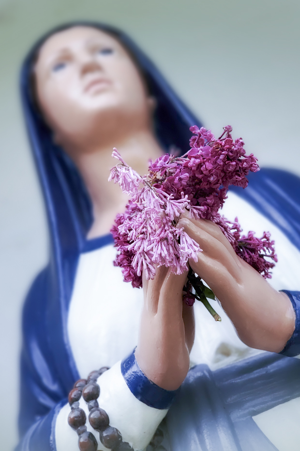 St. Jean Baptiste Church, Mary with Lilacs, Morrinville, Alberta, June 12, 2020