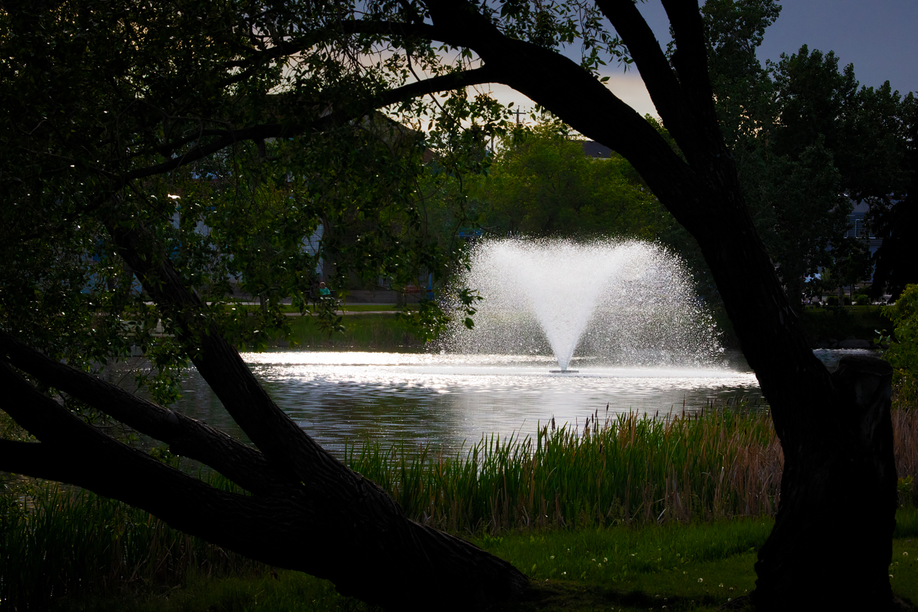 Fountain Framed in Trees, Kinsmen Lake, Strathmore, Alberta, June 11, 2021