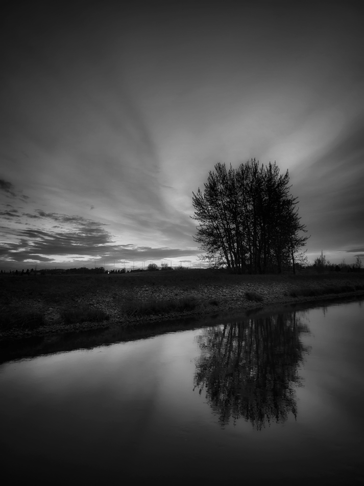 Irrigation Canal Sunset, Portrait, B&W, 2022-05-20