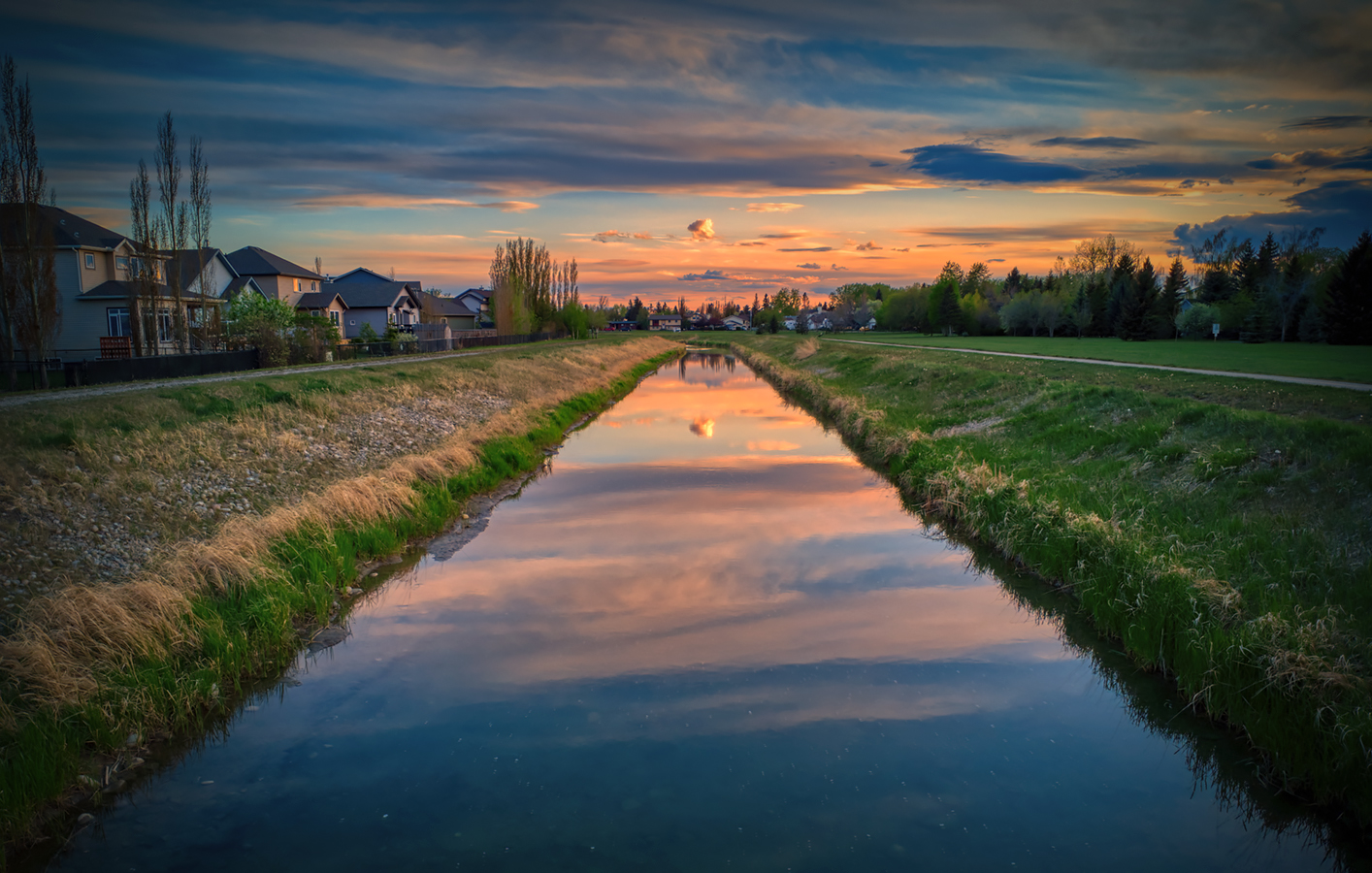 Irrigation Canal in George Freeman Park at Dusk, Vignette, Strathmore, AB, 2022-05-25