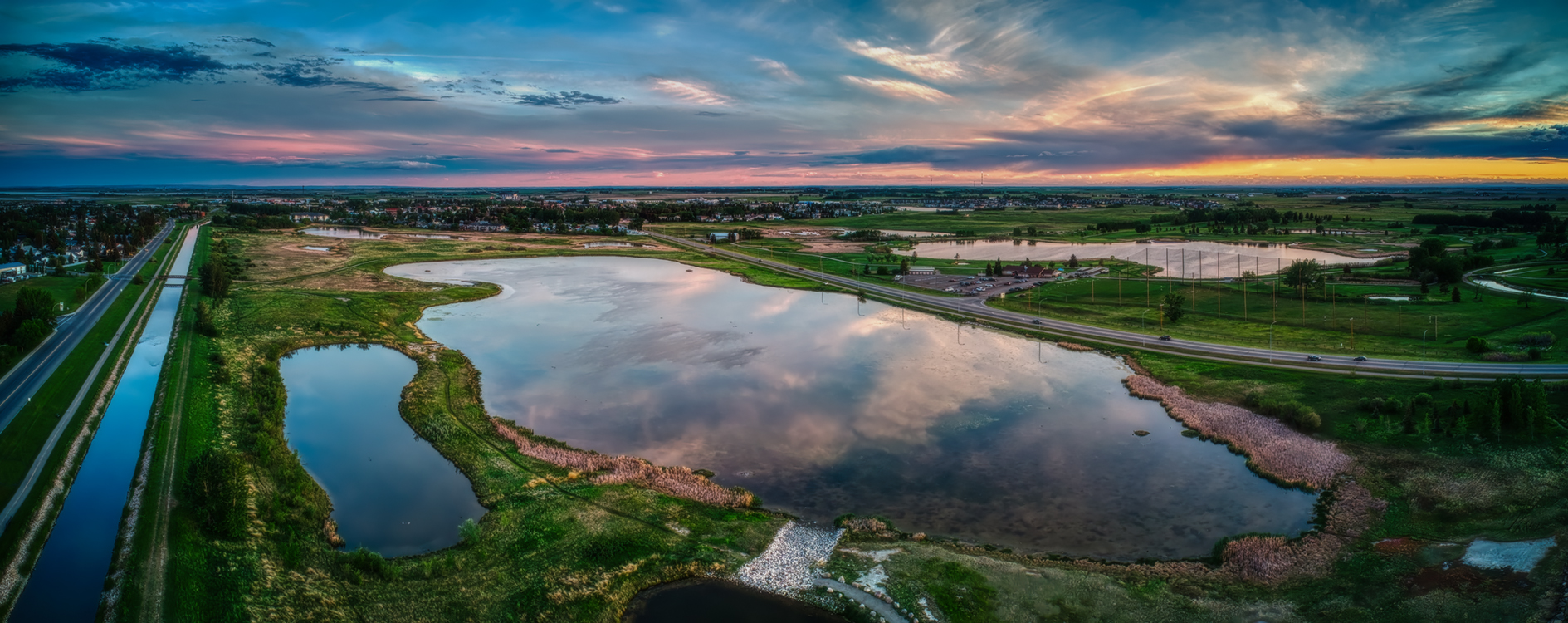 Aerial Panorama at Dusk, Gray's Pond,, Strathmore, AB, 2022-06-08