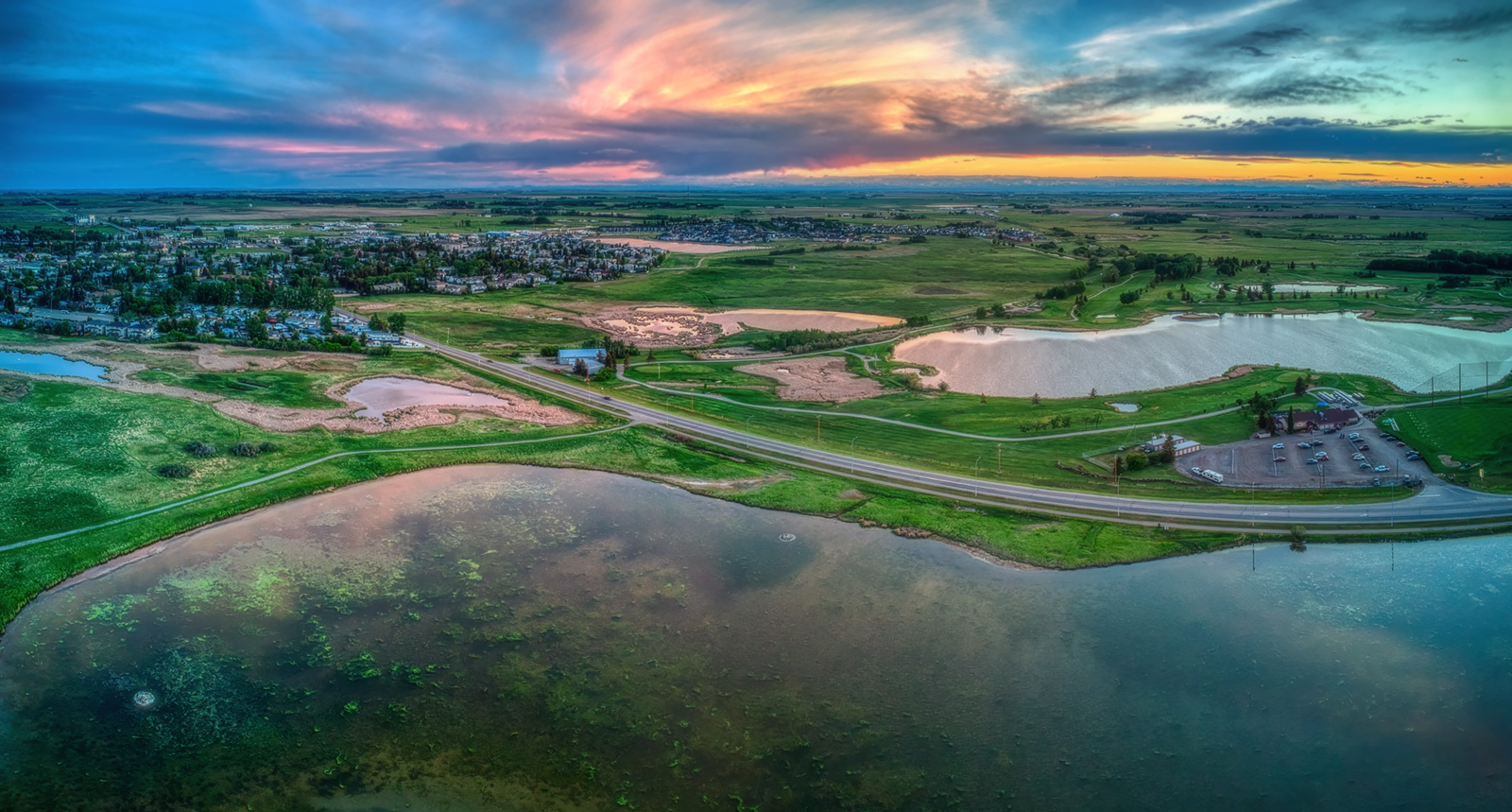 Sunset and Aerial View, Gray's Pond,, Strathmore, AB, 2022-06-08