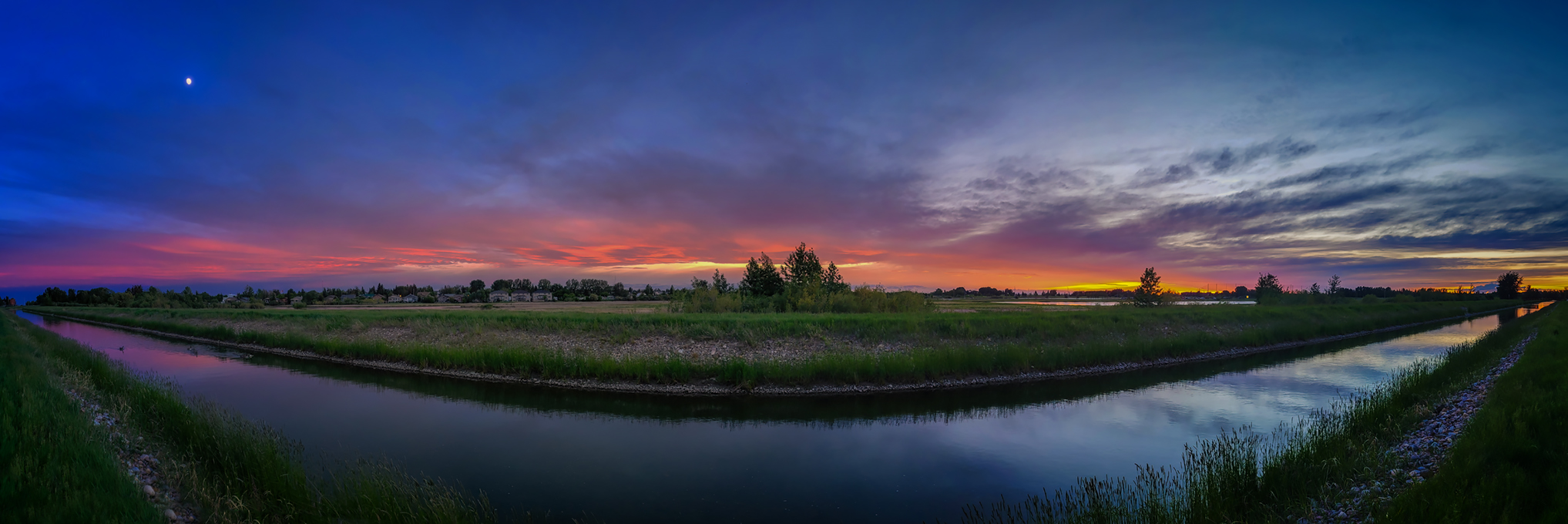 Sunset Over Irrigation Canal with Moon, Strathmore, AB, 2022-06-10