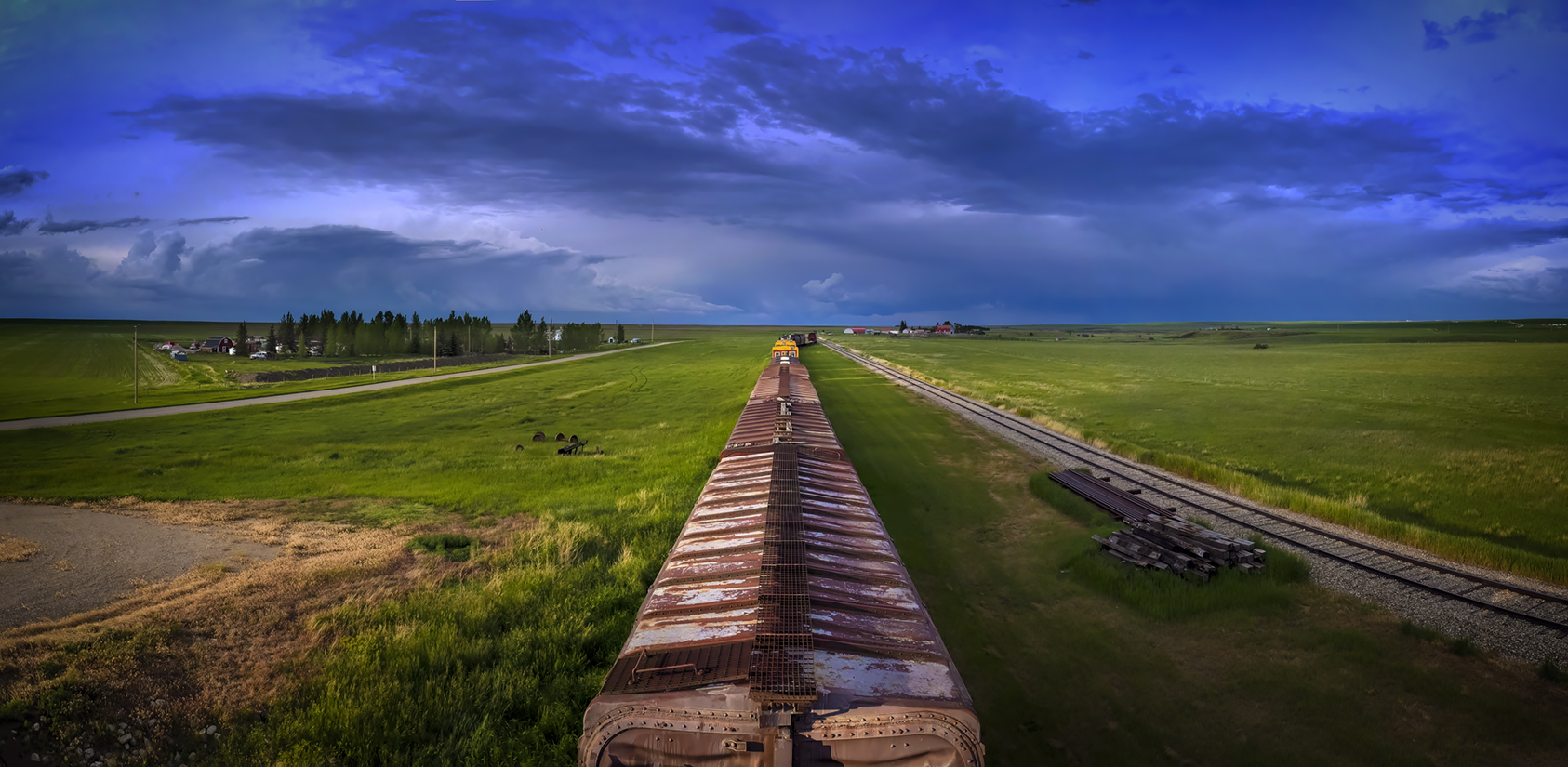 Aerial View of Train Cars, Mossleigh, AB, 2022-06-19