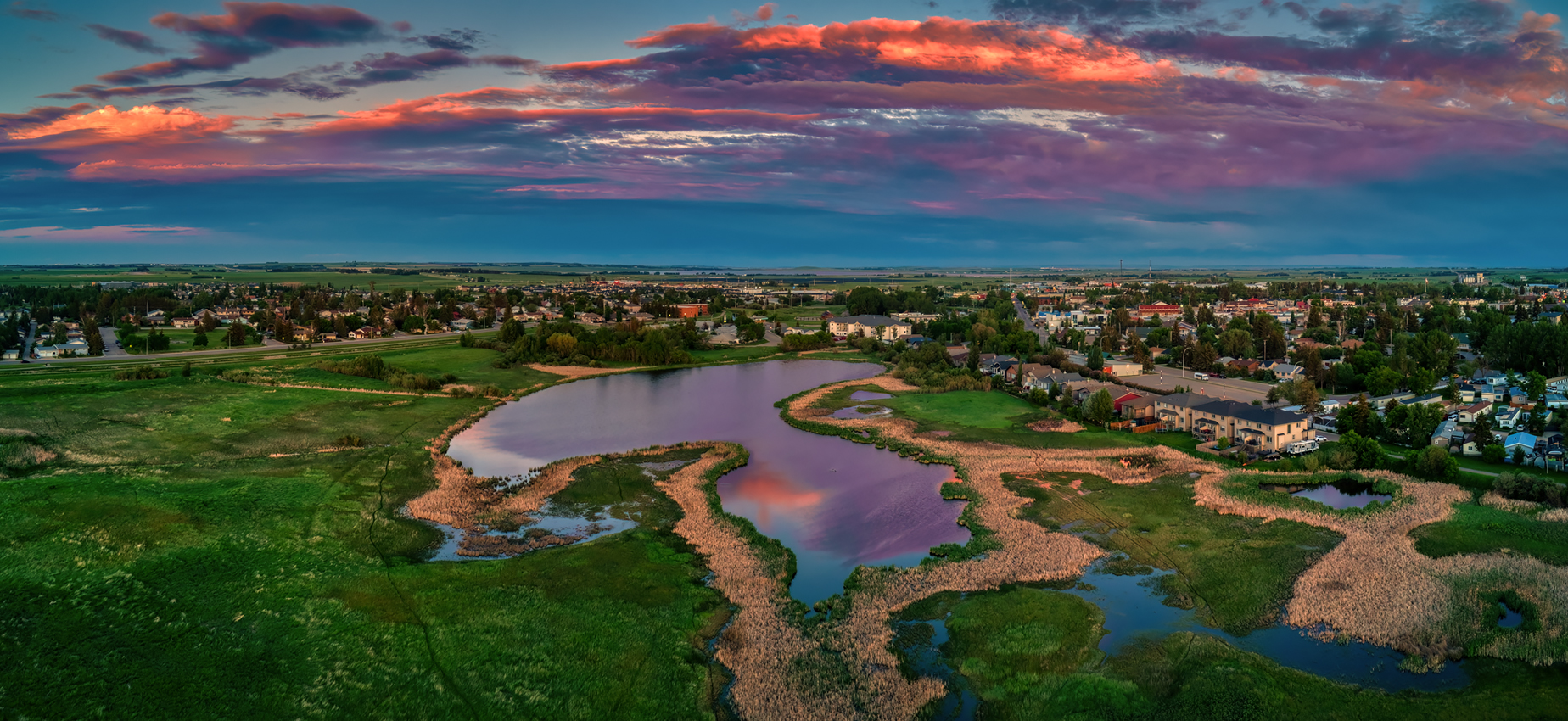 Alpenglow over Southmost Pond, Southwest Aerial View, Gray's Park, Strathmore, AB, 2022-06-22