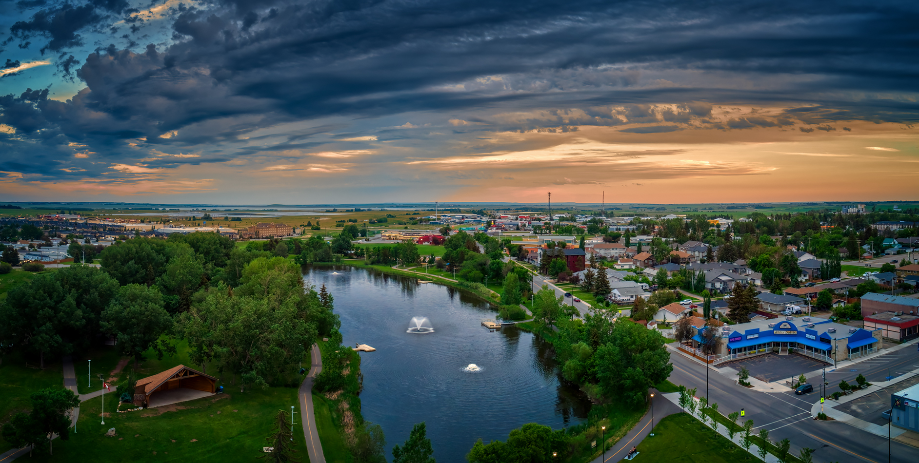 Ariel View Looking South at Dusk, Kinsmen Lake, Strathmore AB, 2022-06-27
