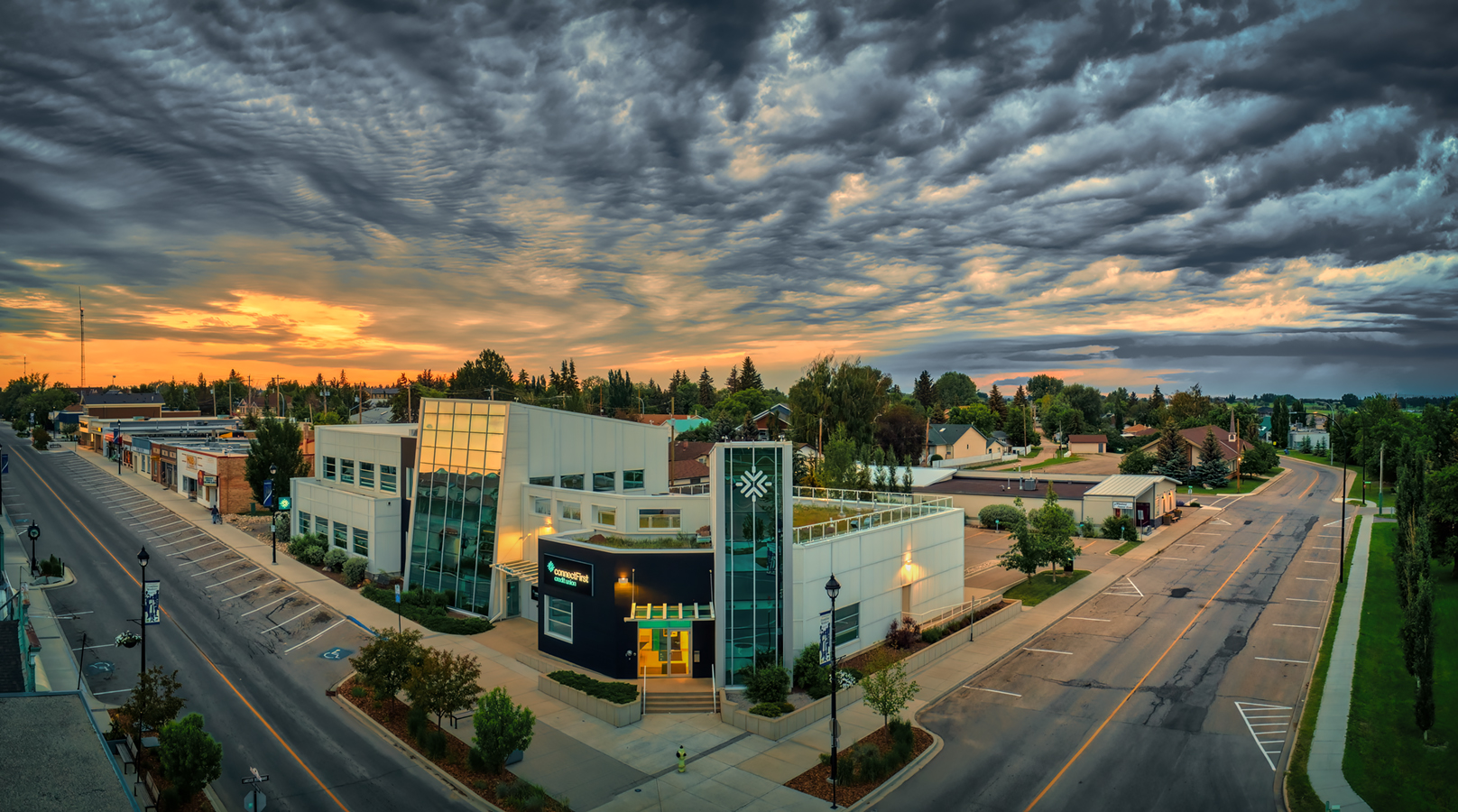 ConnectFirst Credit Union at Dusk, Strathmore AB, 2022-06-27