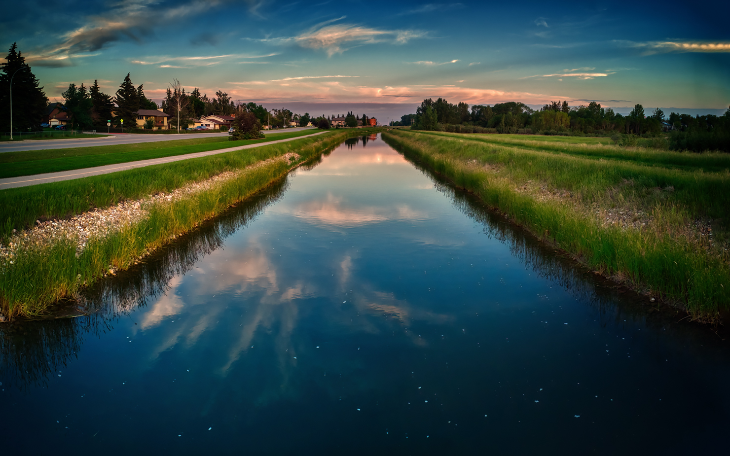 Dusk Reflected, Irrigation Canal Along Thomas Drive, Strathmore, AB, 2022-07-06