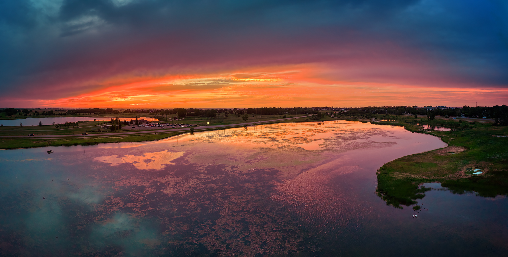 Abstract Sunset Reflection in Gray's Pond 01, Strathmore, AB, 2022-08-09