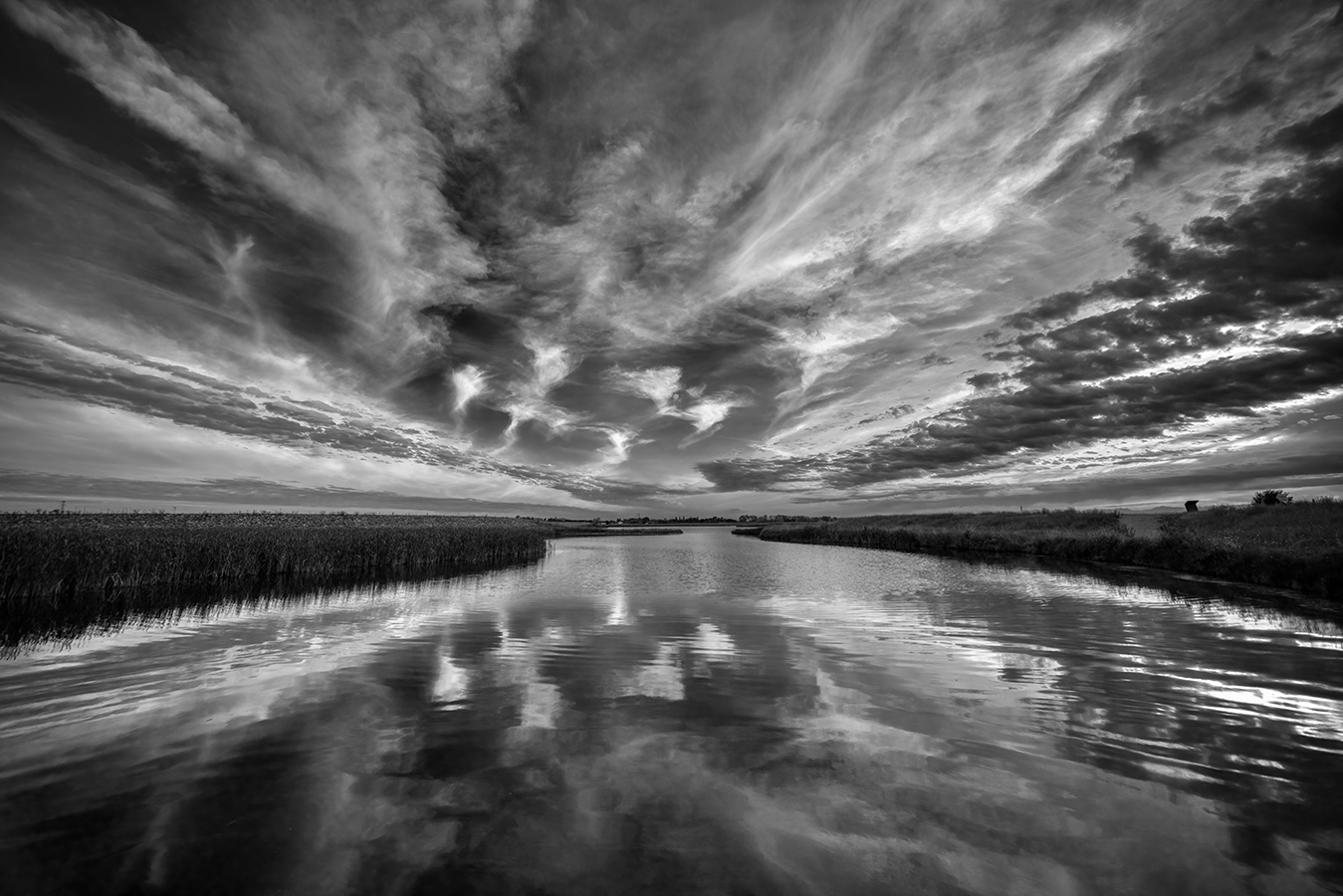 Skyscape Over Wetlands 03 in B&W, Ralph Klein Park, Calgary, Alberta, 2022-09-22