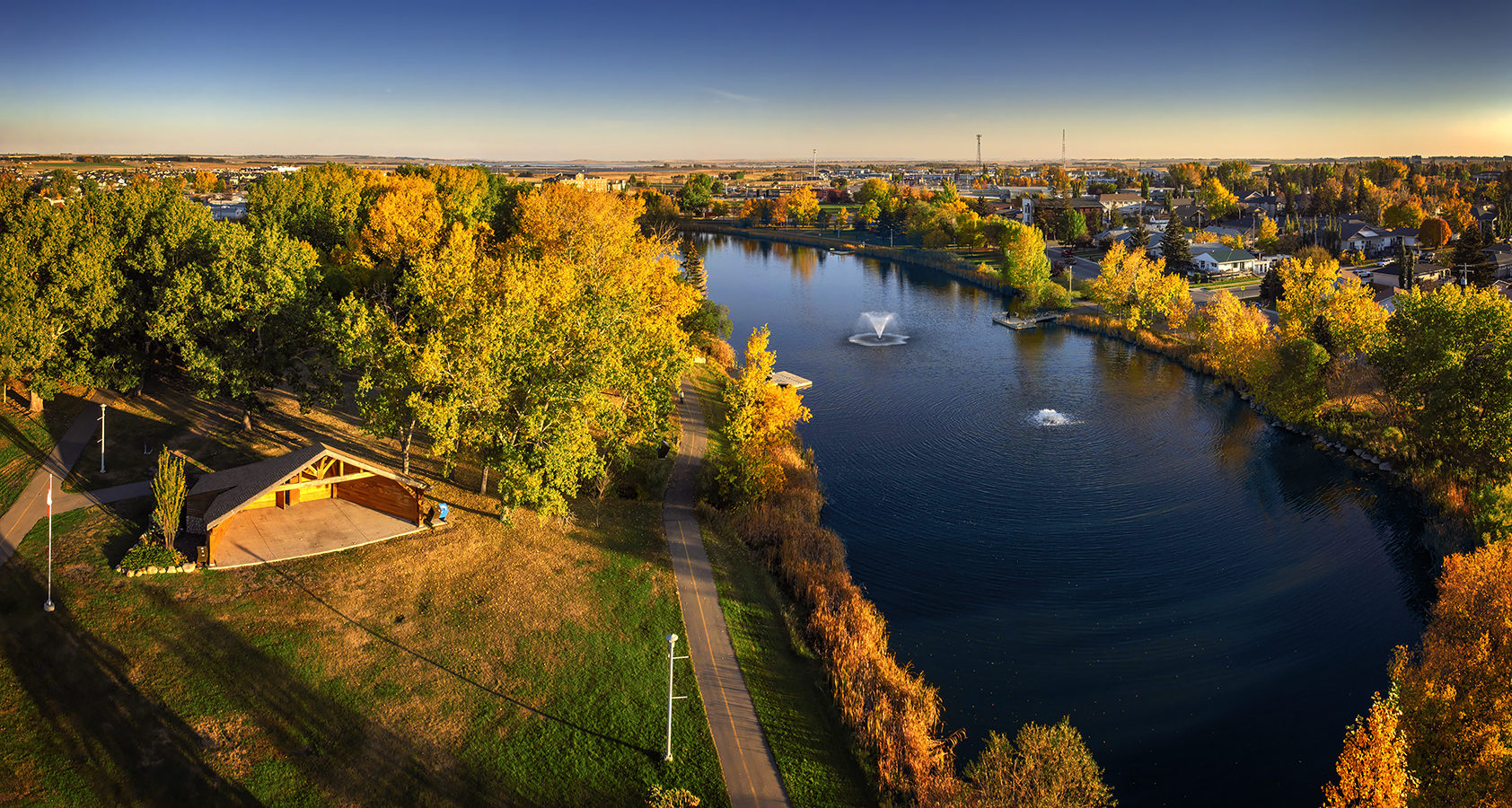 Fall Fountain, Elevated South View, Kinsmen Park, Strathmore, Alberta, 2022-10-03