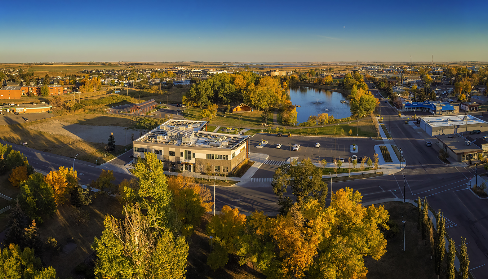 Aerial View of Municipal Building from North, Kinsmen Park, Strathmore, Alberta, 2022-10-03
