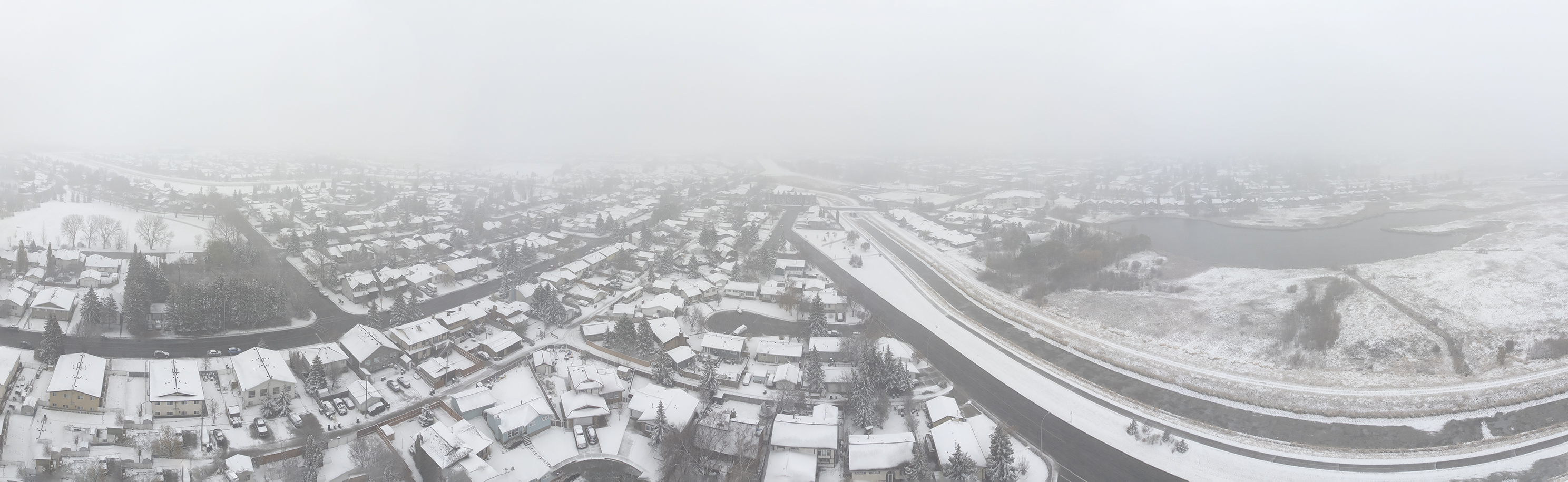 Snowfall Warning, Aerial Pano in Light Snow, Looking South, Strathmore, AB, 2022-11-01