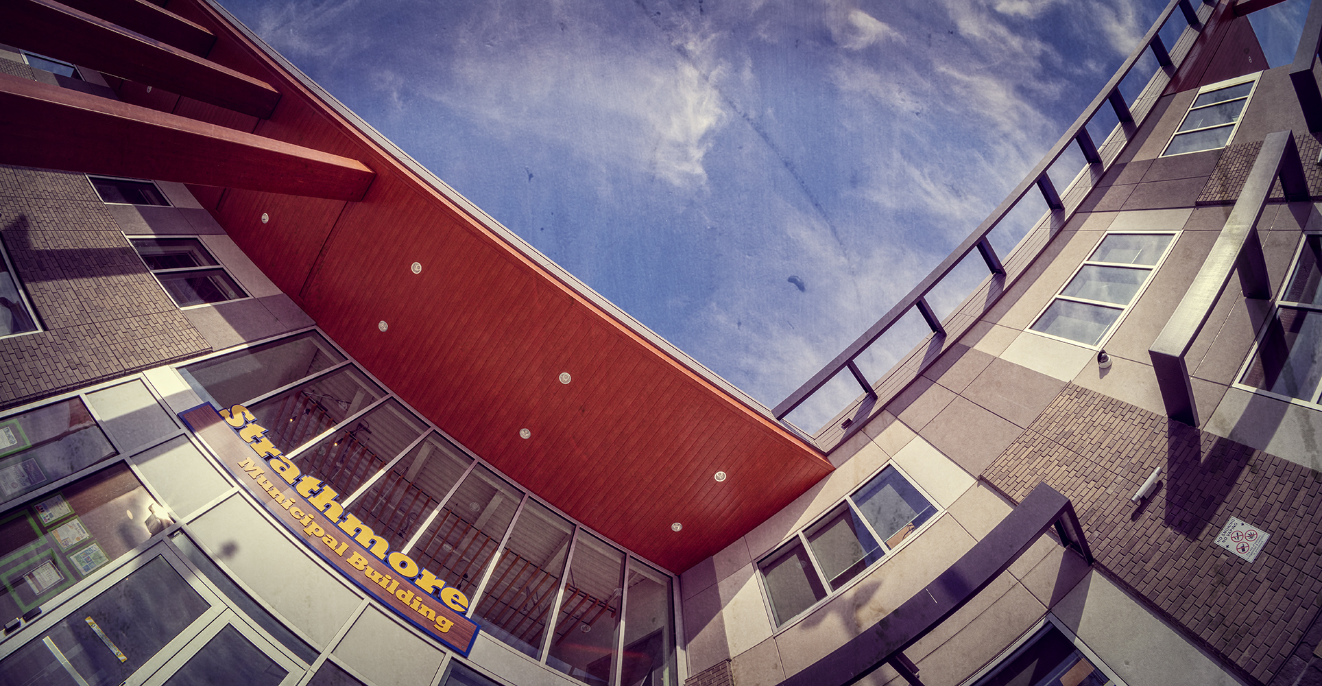 The Municipal Building, squirrel's eye view, Strathmore, AB, 2022-02-12