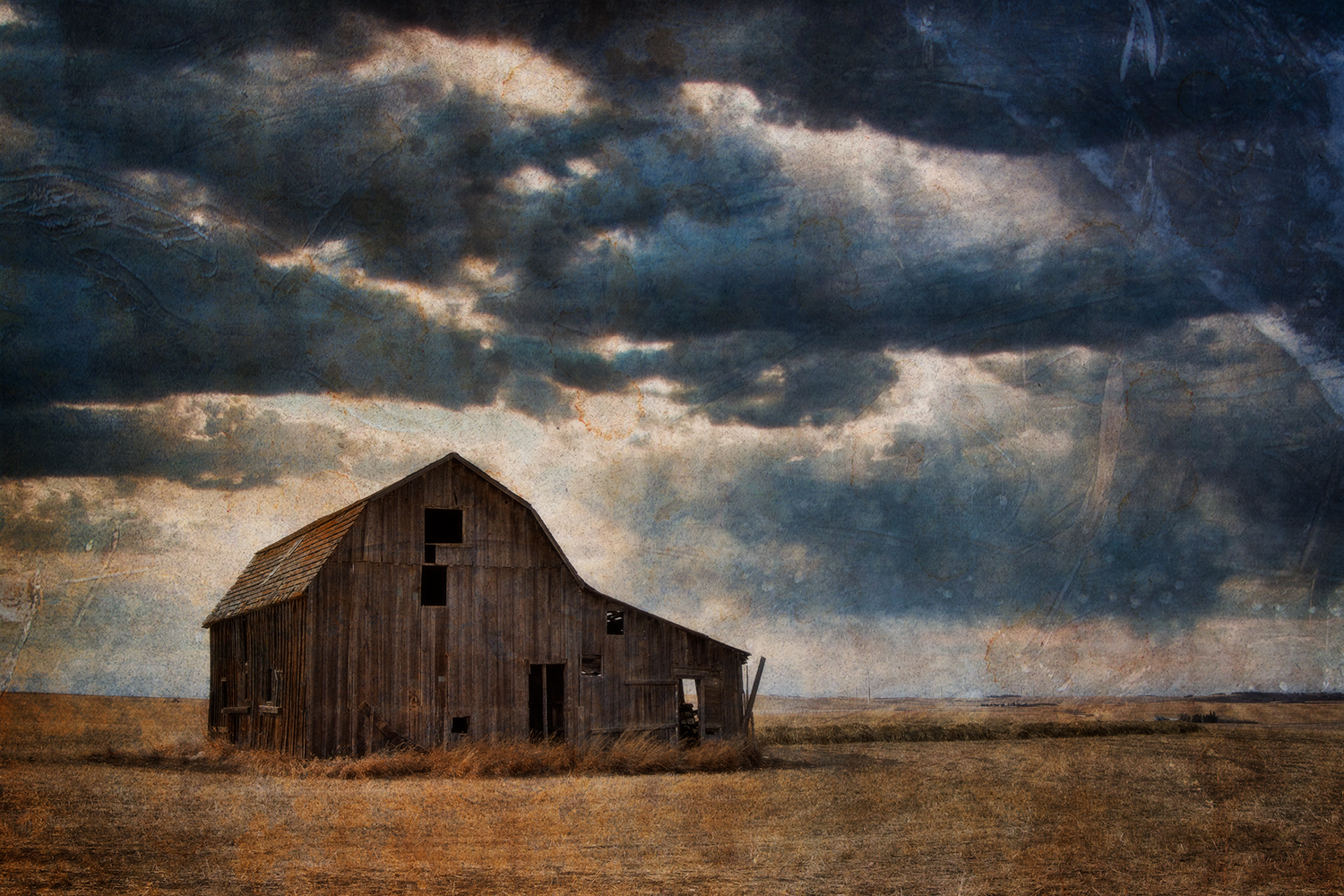 Old Barn, Textured Photograph, Highway 21, North of Trochu, Alberta. 2023-04-23
