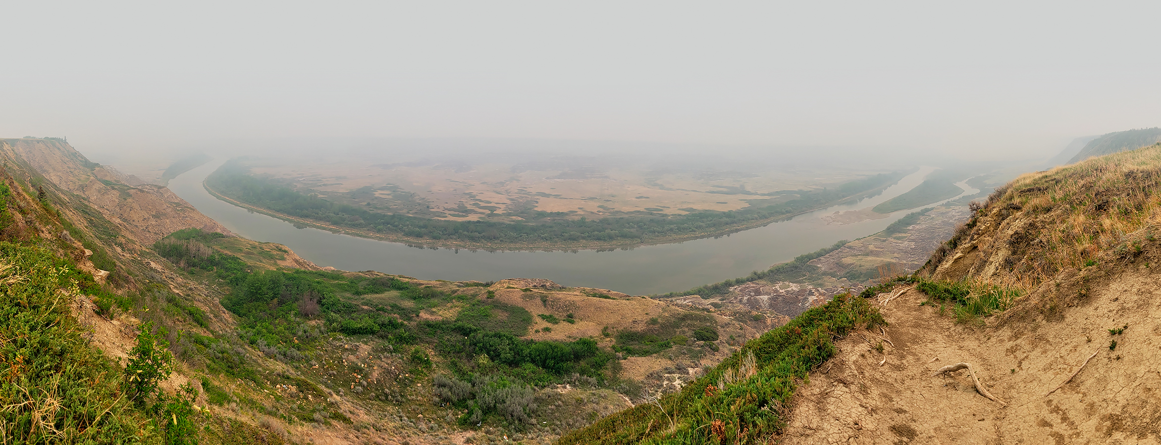 Orkney Viewpoint Obstructed by Wildfire Smoke, Red Deer RIver, Alberta. 2023-05-20