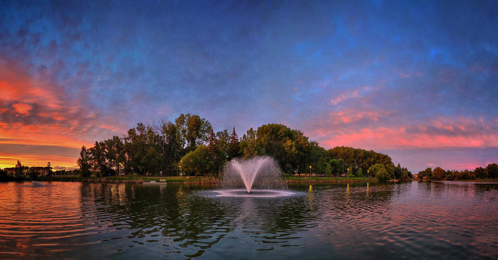 Aspenglow over the Fountain, Kinsmen Lake, Strathmore, Alberta. 2023-06-16