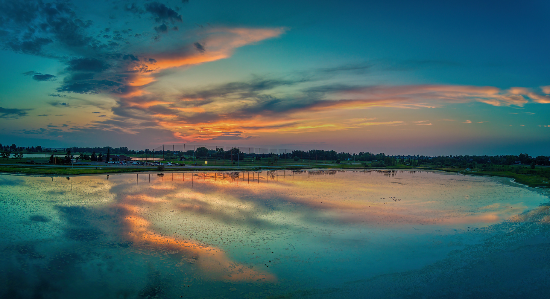 Intimately Reflected Sunset, Gray Pond, Strathmore, Alberta. 2023-07-19