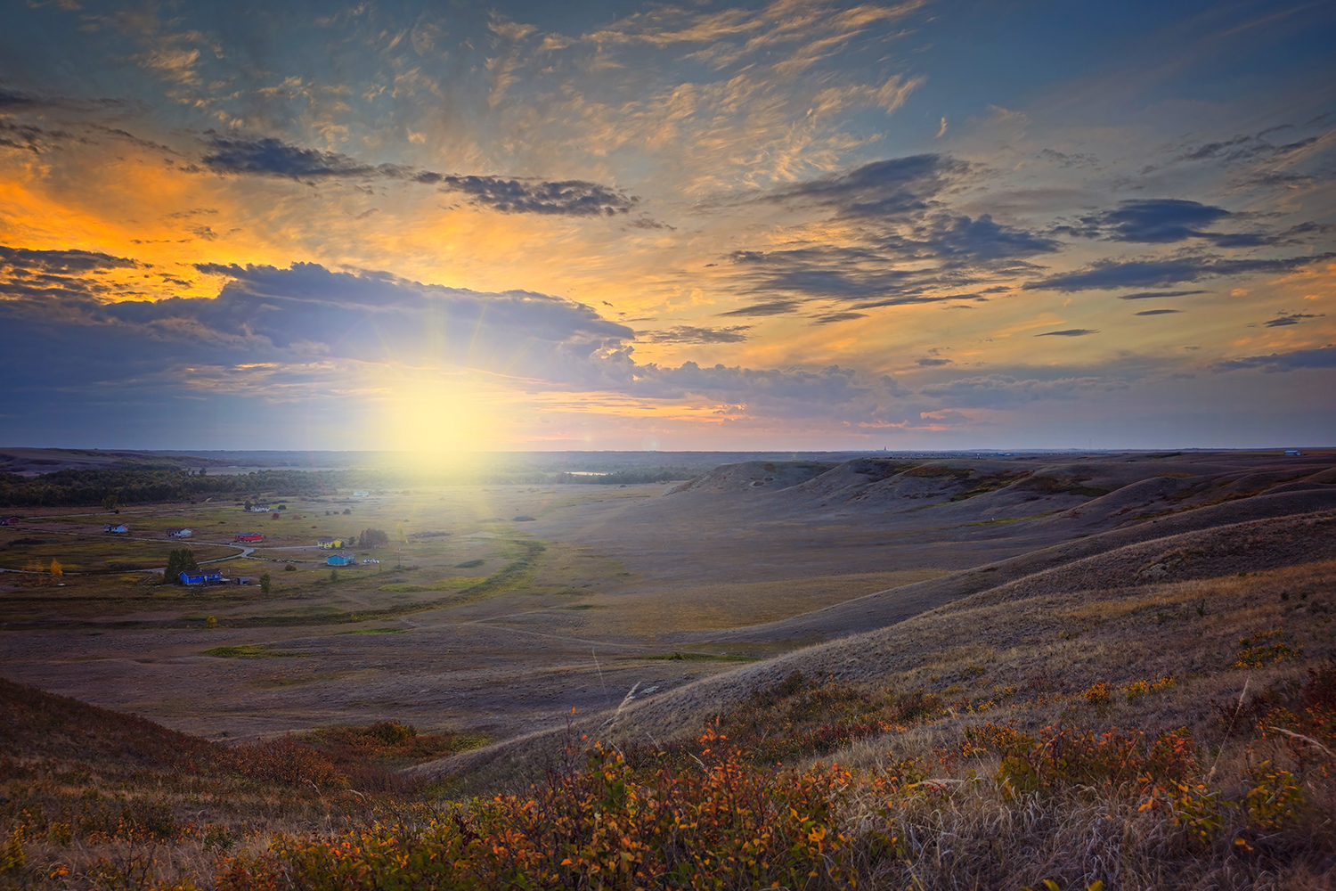 Sunset wih Flare, North of Blackfoot Crossing Historical Park, Siksika Nation, Alberta, 2023-09-12