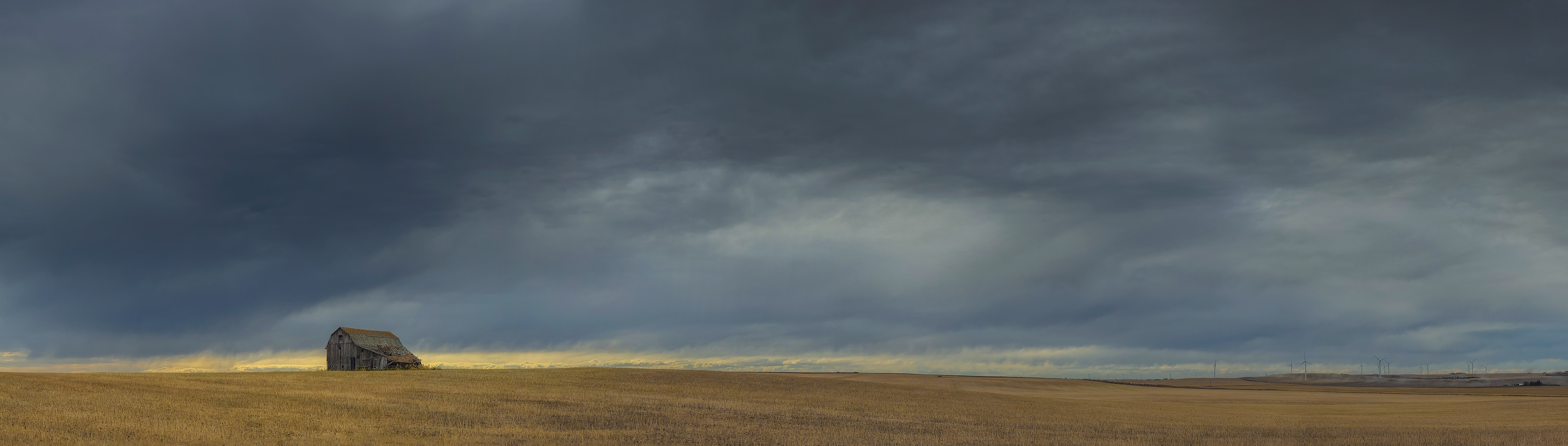 Old Barn Under Moody Skies (Panoramic), Highway 21, North of Trochu, Alberta. 2023-10-10