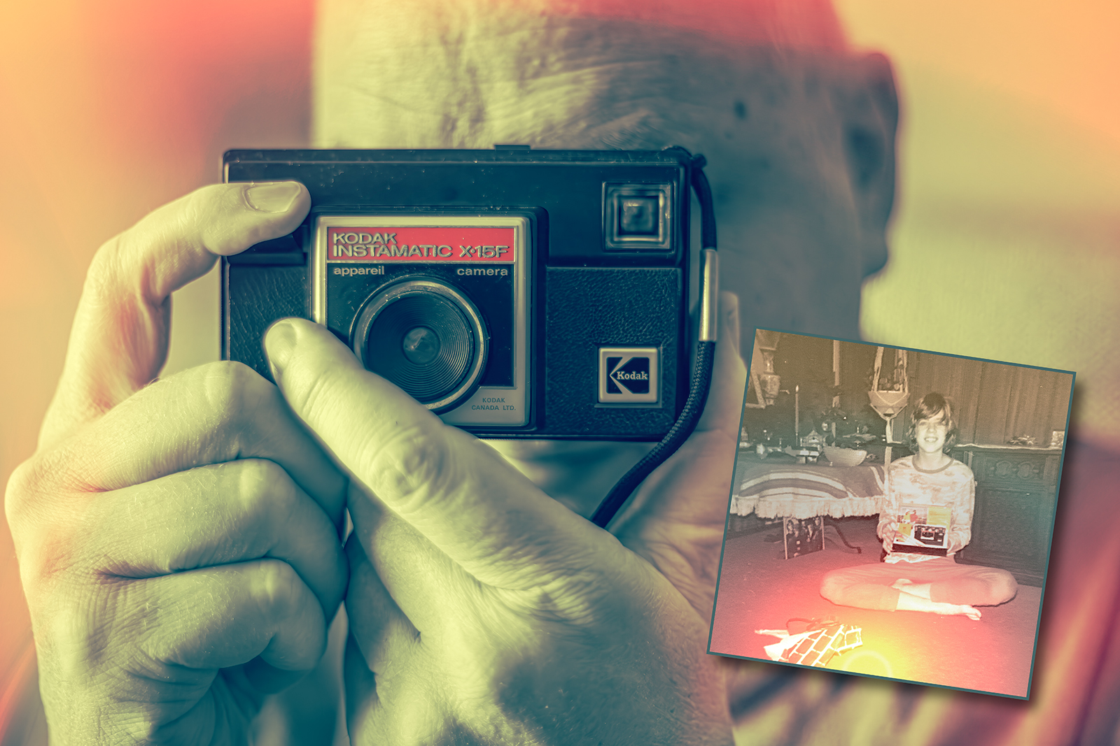 Meeting your first love again, Ray with Kodak Instamatic X-15F, Leduc, Alberta, 2024-01-13 (E41 with Light Leak and Inset)