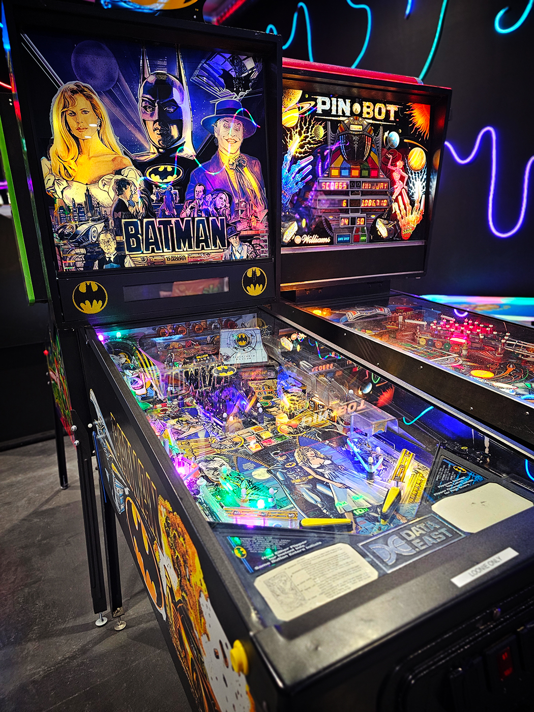 Batman and Pinbot Pinball Machines, Lil' Jay's Family Arcade, Strathmore, Alberta, 2024-02-24