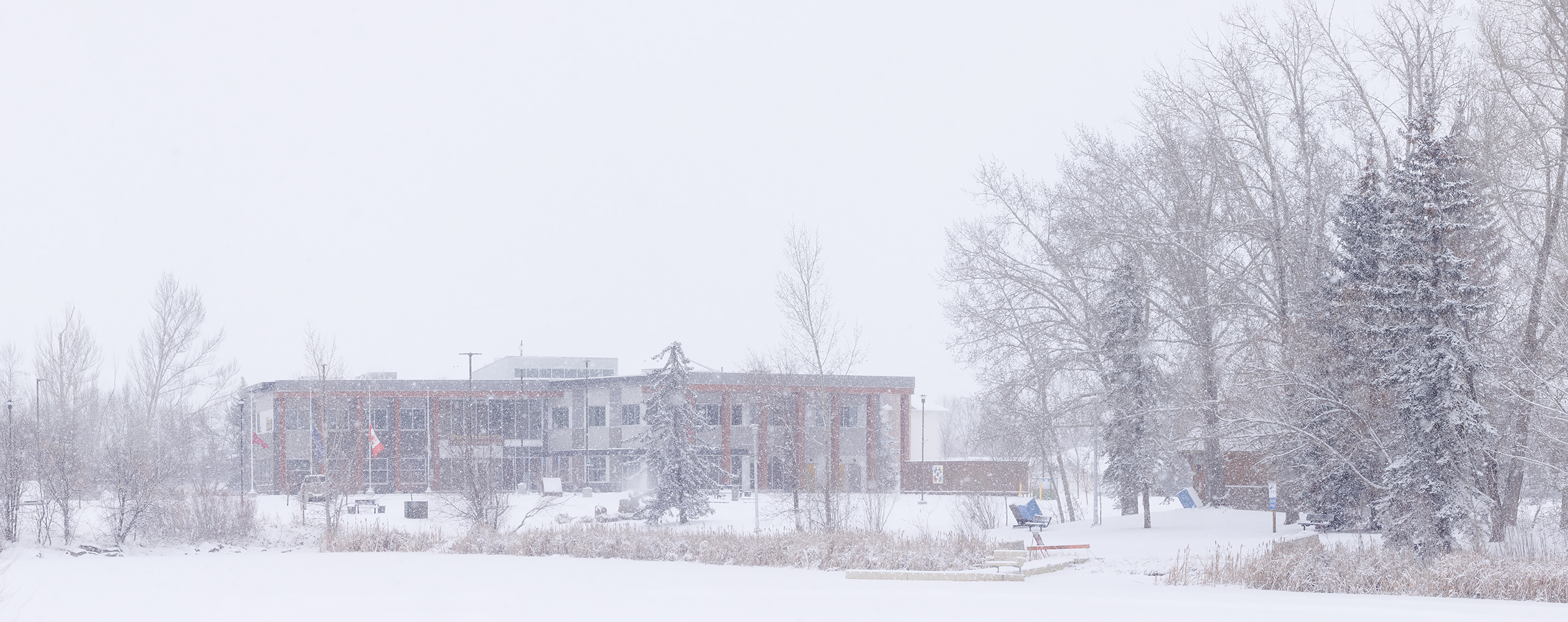Municipal Building In Snow with Flags at Half Mast, Strathmore, Alberta, 2024-03-02