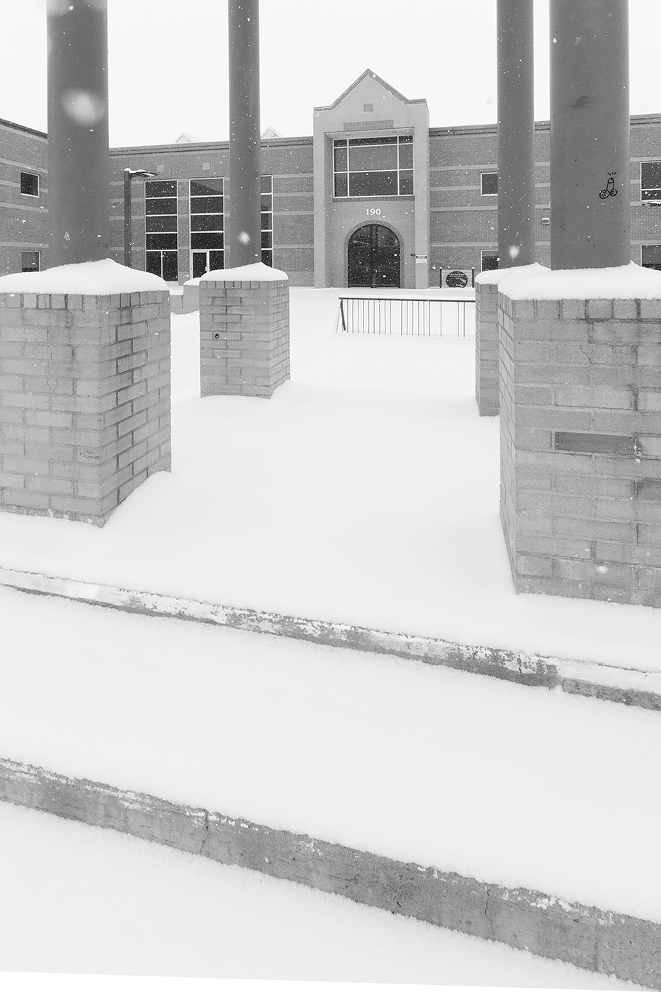 Entrance Framed by Bell Tower, Crowther Memorial Jr. High, Strathmore, Alberta, 2024-03-02
