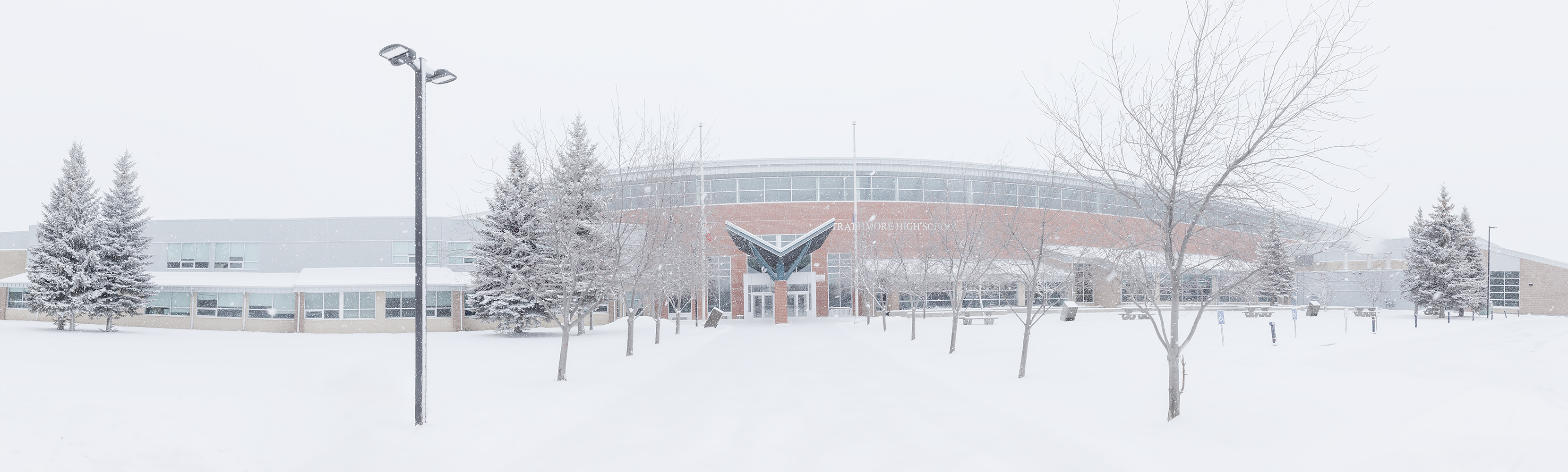 High School Panoramic In Light Snow, Strathmore, Alberta, 2024-03-02