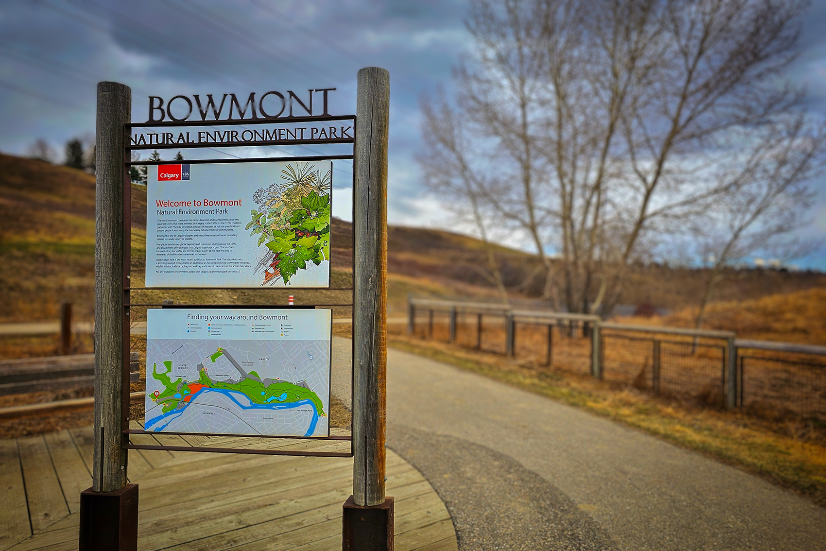 Entrance sign, Bowmont Park, Calgary, AB, 2024-04-12