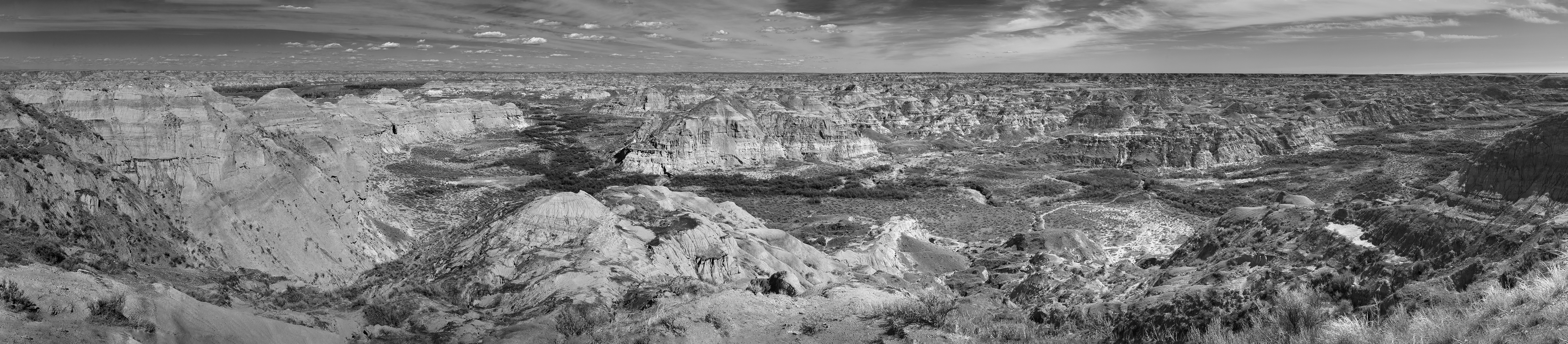 Panoramic view from entrance, Dinosaur Provincial Park, AB, 2024-04-13