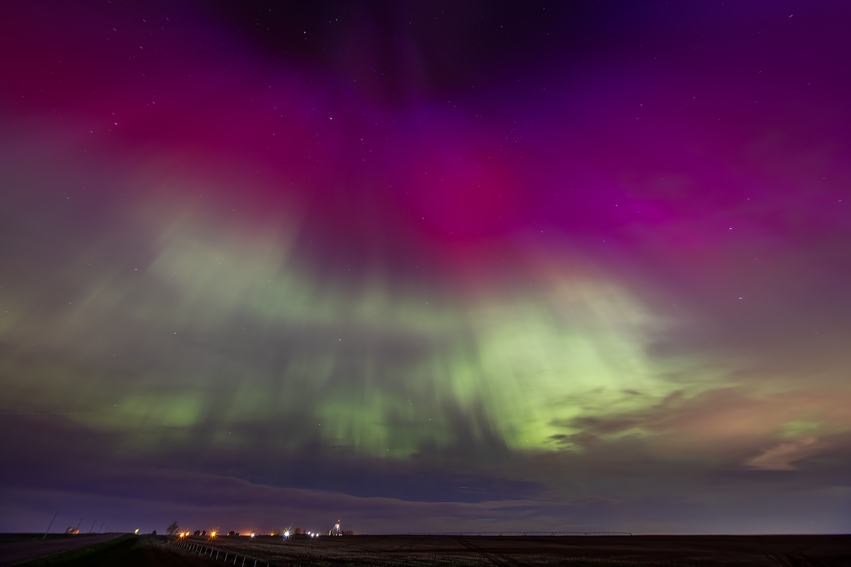 Purple ring aurora, Hwy 817, North of Strathmore, AB, 2024-05-11