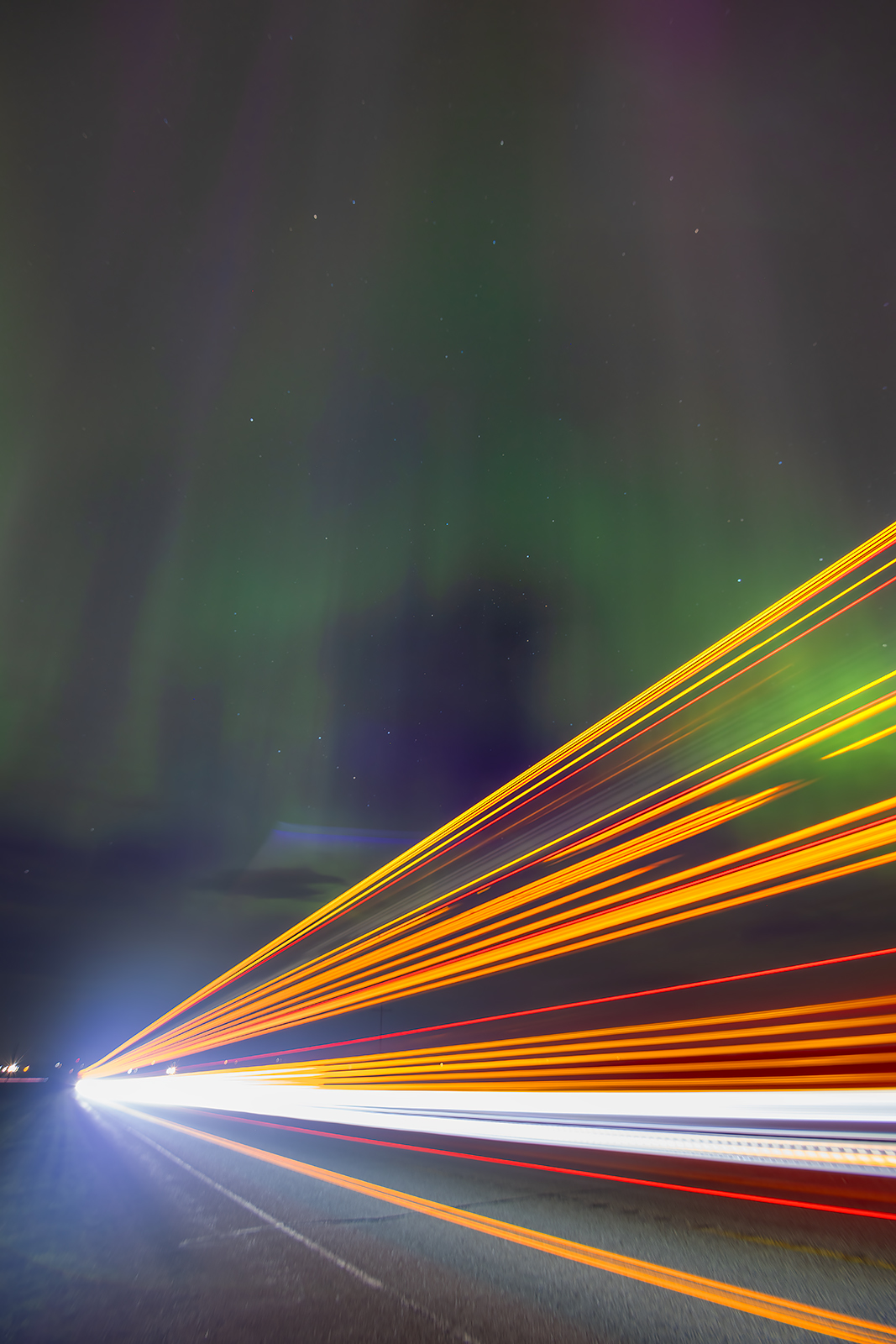 Aurora and semi light trails, Hwy 817, North of Strathmore, AB, 2024-05-11