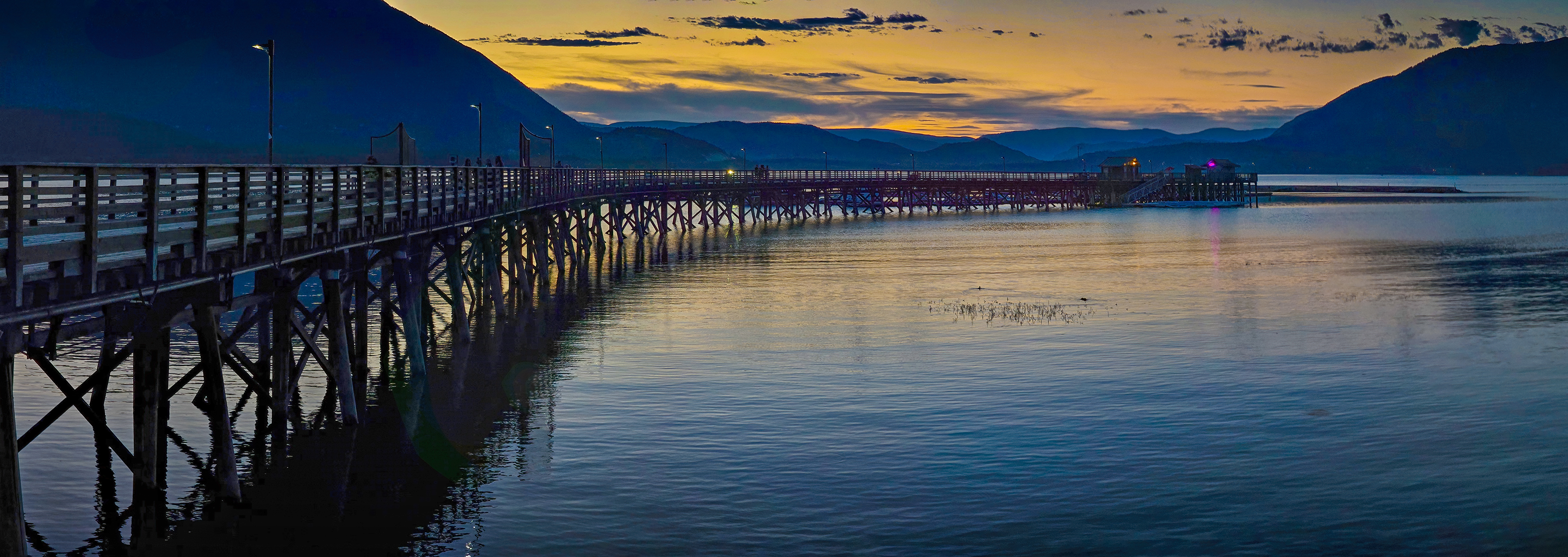 Panoramic after sundown, Salmon Arm Wharf, Salmon Arm, BC, 2024-07-13