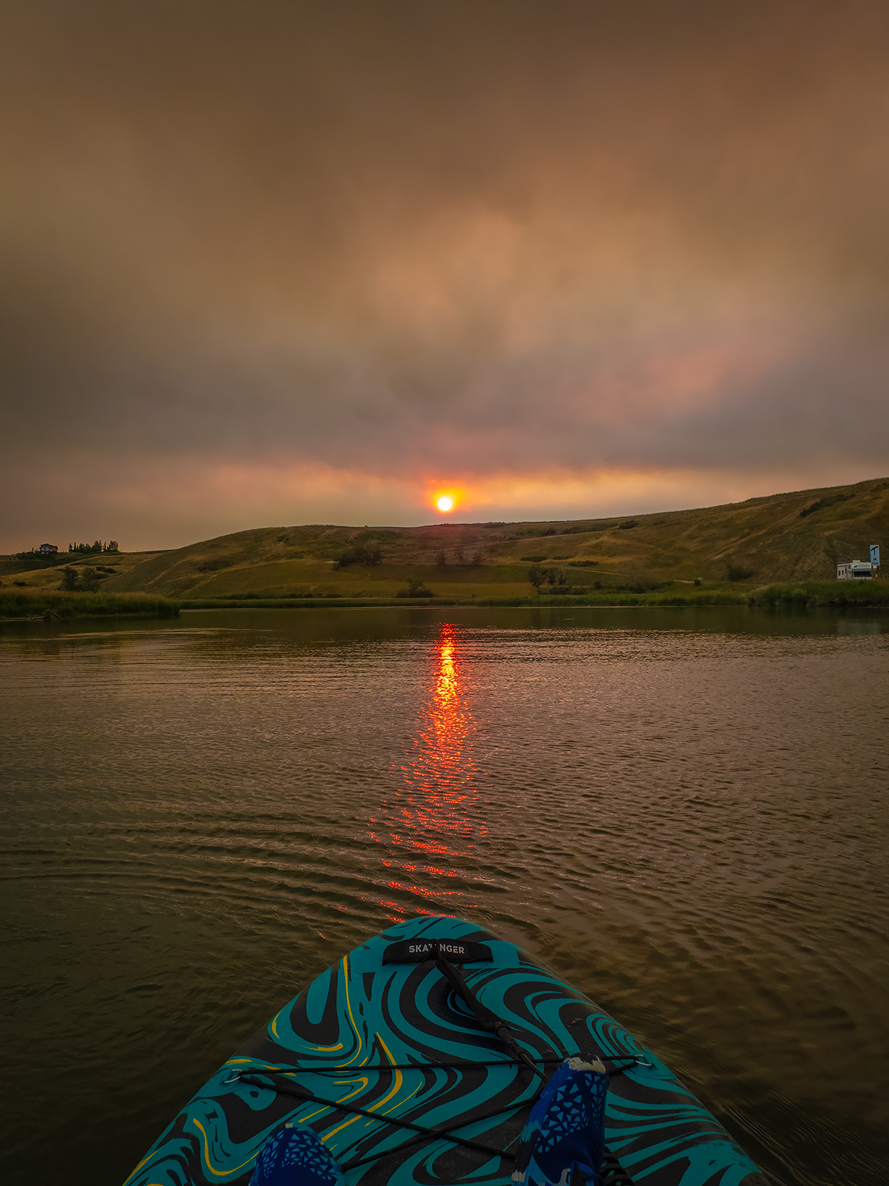 Paddling into the sun, Johnson's Island, Wyndham Carseland Provincial Park, AB, 2024-07-24