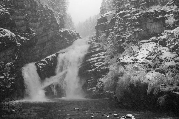 Cameron Falls during snow squall