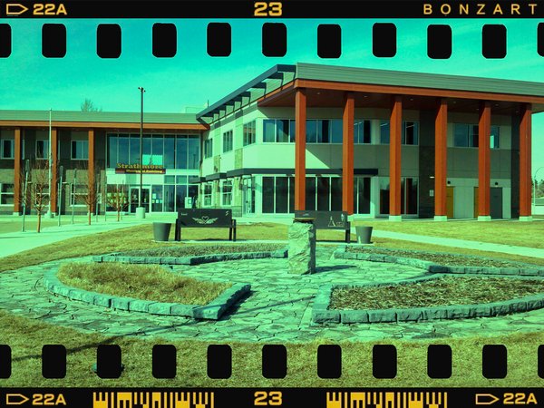 Healing Garden in Foreground, Municipal Building, Strathmore, Alberta, 2024-03-15