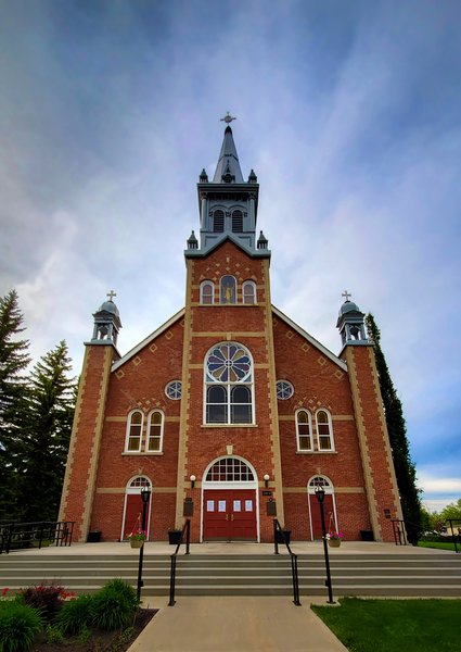 St. Jean Baptiste Church, Front View, Portrait, Morrinville, Alberta, June 12, 2021