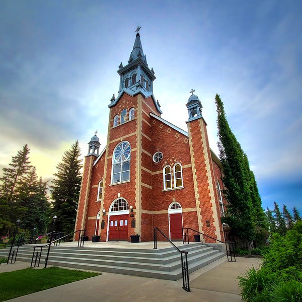 St. Jean Baptiste Church, Square Composition, Corner View, Morrinville, Alberta, June 12, 2020