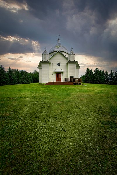 Long View of St. Nicholas Ukrainian Greek Catholic Church, Built 1930, Carvel, Alberta, 2020-07-19