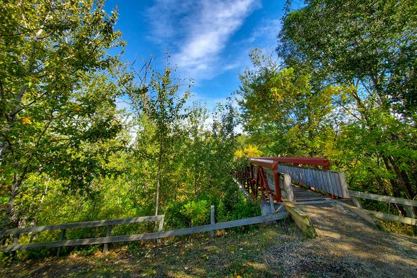 Foot bridge at the beginning of fall, Blue Heron Walking Trail, Barrhead, Alberta, 2020-09-12