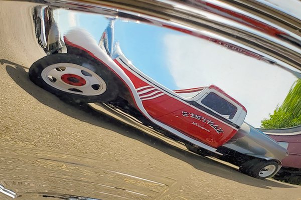 Vintage Tanker Truck Reflected In Chrome Hubcap, Aspen Crossing, July 09, 2021