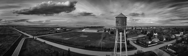 Historic Water Tower, Gleichen Alberta, Aerial Panoramic, 2022-05-20 B&W