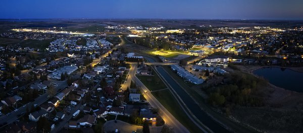 Night Photography Panoramic Test, Looking Downtown, Strathmore, AB, 2022-05-21 Tweaked