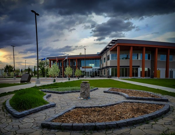 Strathmore Municipal Building, Indigenious Memorial in Foreground, Early Evening, 2022-05-29